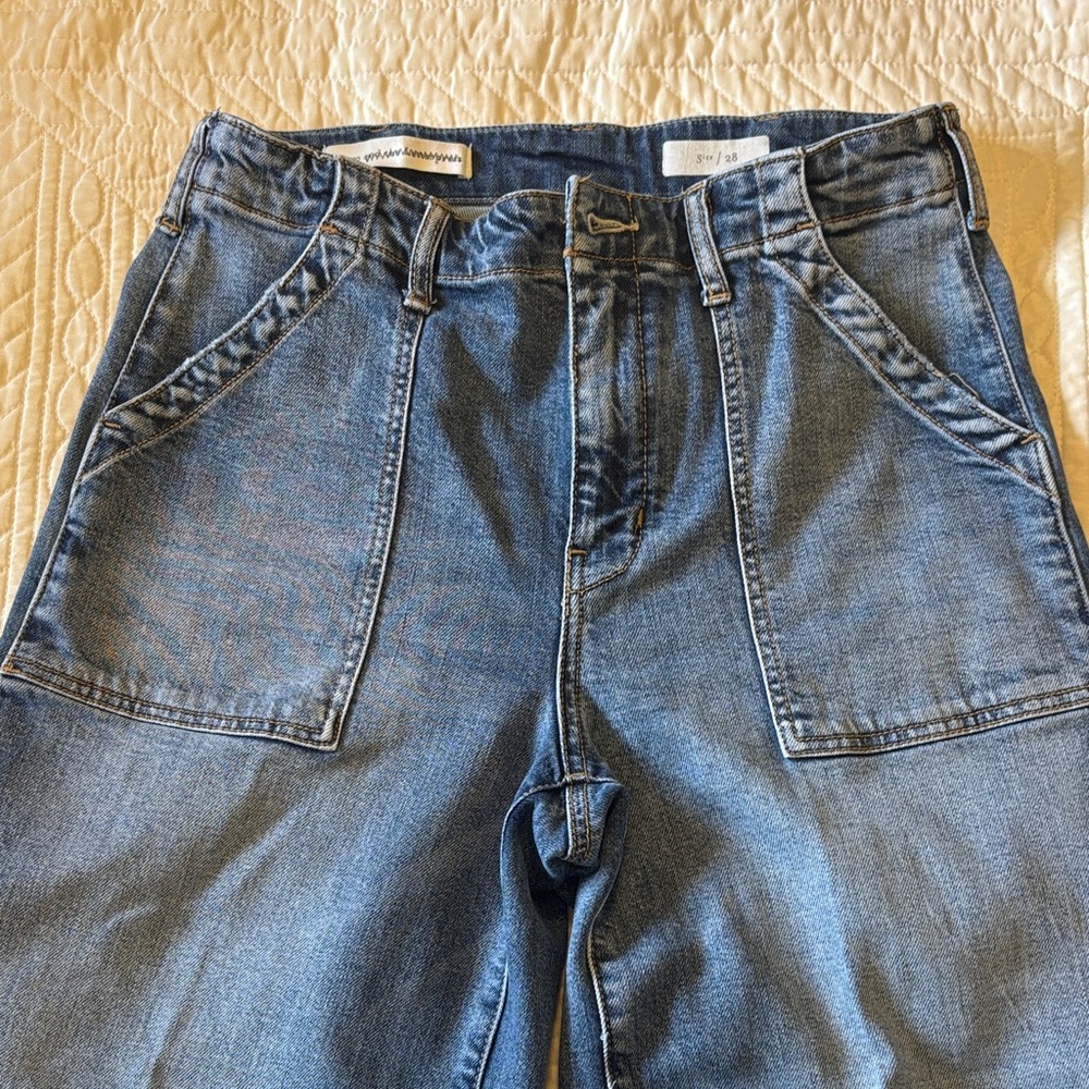 Pilcro Wide Leg Cropped Denim Jeans - Medium Blue - Picture 2 of 7